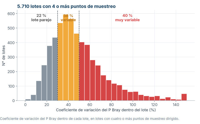 Coeficiente de variación del P Bray dentro de cada lote, en lotes con cuatro o más puntos de muestreo dirigido.
