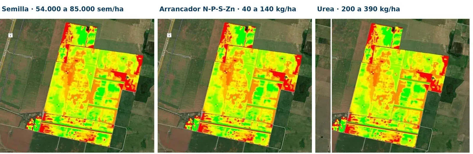 Mapas de margen bruto por ambiente de un campo de 1.300 ha en General Villegas: dosis fija 2022-23 y dosis variable 2024-25