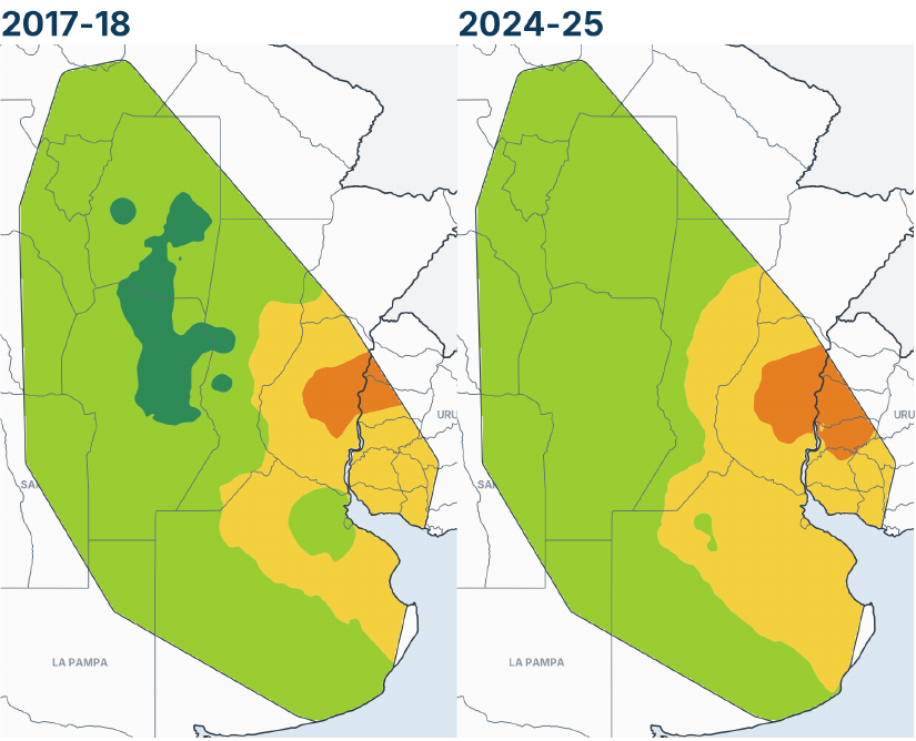 Potasio intercambiable (cmol+/kg): bajó en el 96 % del área y ya no queda superficie sobre 2,00.