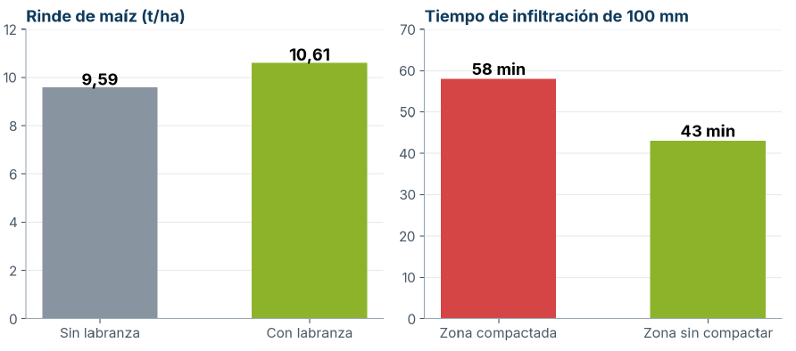 Ensayo de descompactación, zona Río Cuarto: rinde de maíz y tiempo de infiltración de 100 mm.